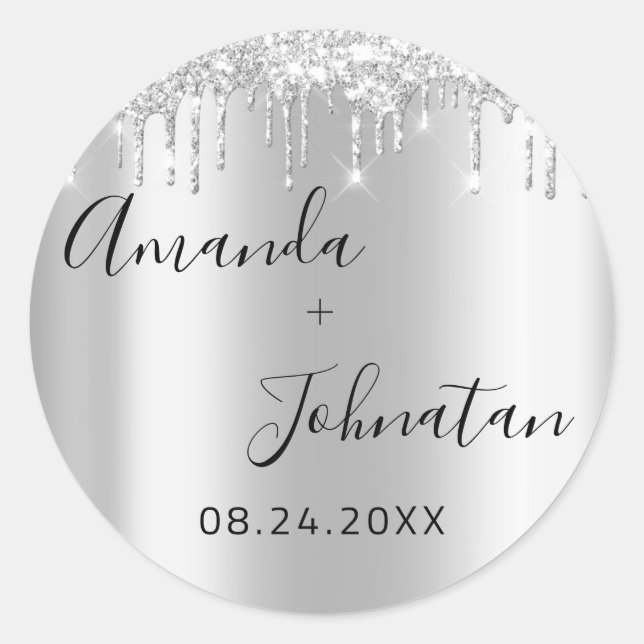 Sticker Rond Nom Enregistrer la date gouttes Noir Argent (Devant)