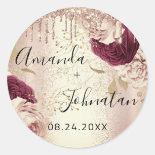 Sticker Rond Nom Enregistrer La Date Gouttes Roses Florales Bou