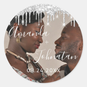 Sticker Rond Nom Enregistrer La Date Noir Gouttes Photo Argent