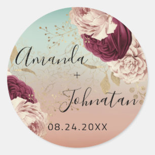 Sticker Rond Nom Enregistrer La Date Rose Gold Florales Bleu
