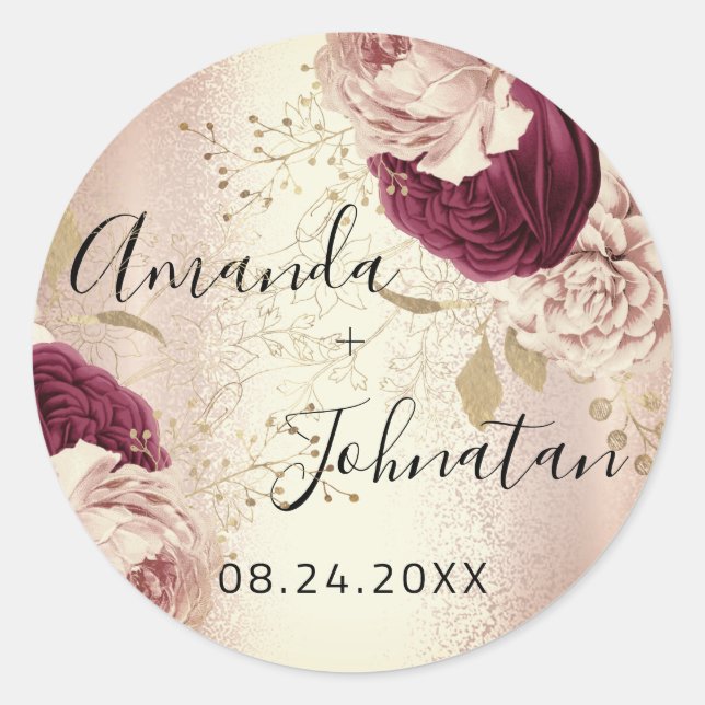 Sticker Rond Nom Enregistrer La Date Rose Gold Florals (Devant)