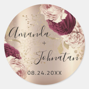 Sticker Rond Nom Enregistrer La Date Roses Florales Rose Or