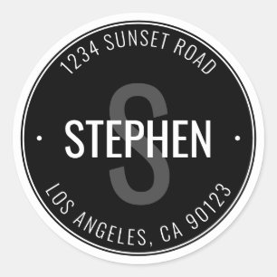 Sticker Rond Nom et adresse minimaux modernes   Noir et blanc