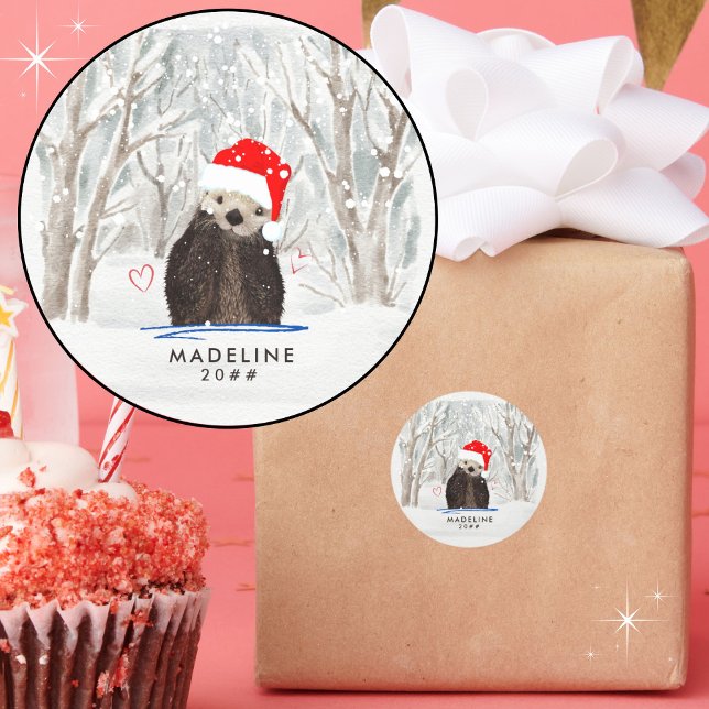 Sticker Rond Nom et année de Père Noël Otter Kid's mignon et mi (Personalize with a name and year. 
)