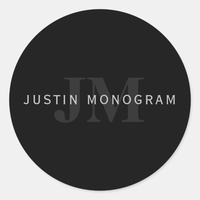 Sticker Rond Nom et monogramme moderne | Gris et noir (Devant)