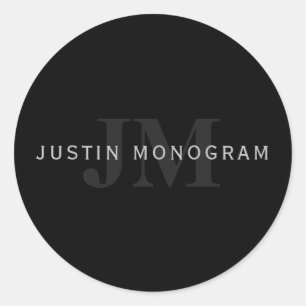 Sticker Rond Nom et monogramme moderne Gris et noir