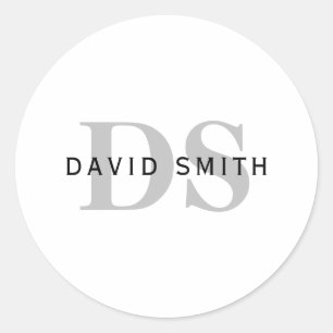 Sticker Rond Nom et monogramme modernes   Blanc noir et gris