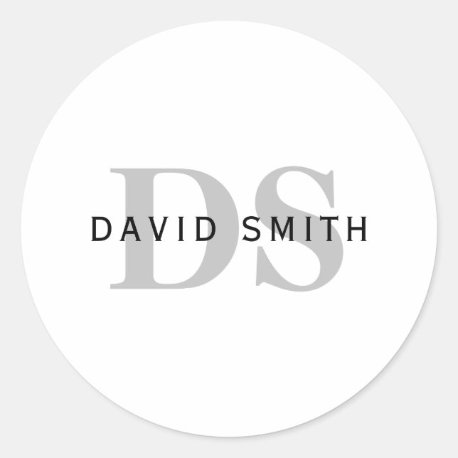 Sticker Rond Nom et monogramme modernes | Blanc noir et gris (Devant)