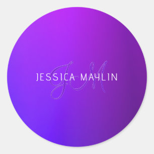 Sticker Rond Nom et monogramme modernes de dégradé pourpre