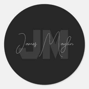 Sticker Rond Nom et monogramme modernes   Gris et noir