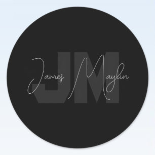 Sticker Rond Nom et monogramme modernes   Gris et noir