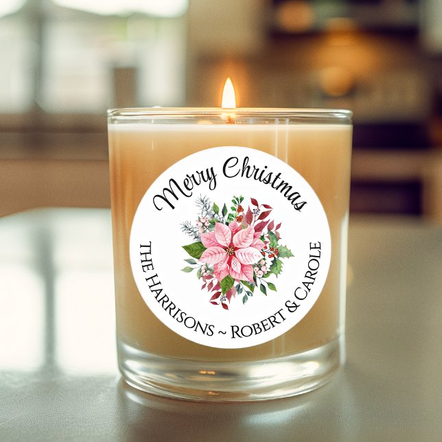 Sticker Rond Nom Joyeux Noël rose Poinsettia Bouquet 3 po (Créateur téléchargé)