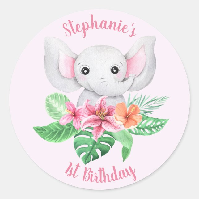 Sticker Rond Nom mignon Jungle rose gris éléphant 1er anniversa (Devant)
