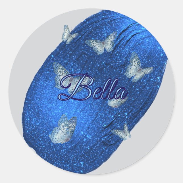 Sticker Rond Nom Modern Shining Royal Blue avec des papillons (Devant)