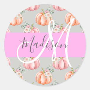 Sticker Rond Nom Monogramme Fleurie Féminin Gris Rose Pêche Cit