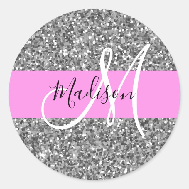 Sticker Rond Nom Monogramme Paillettes Rose & Argent Glamour (Devant)