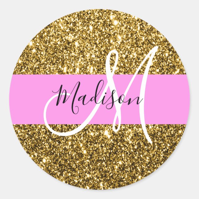 Sticker Rond Nom Monogramme Paillettes Rose et Or Glamour (Devant)
