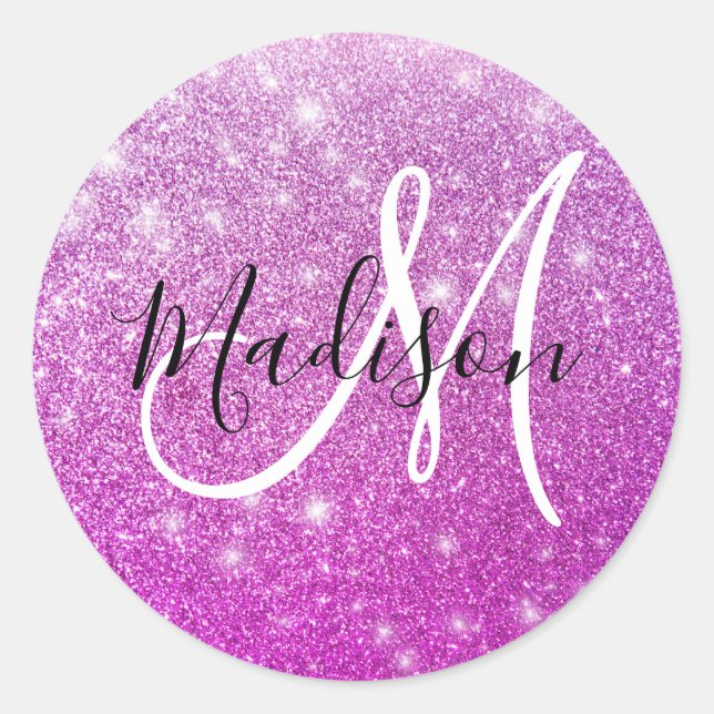 Sticker Rond Nom Monogramme Paillettes Violet Girly & Glam (Devant)