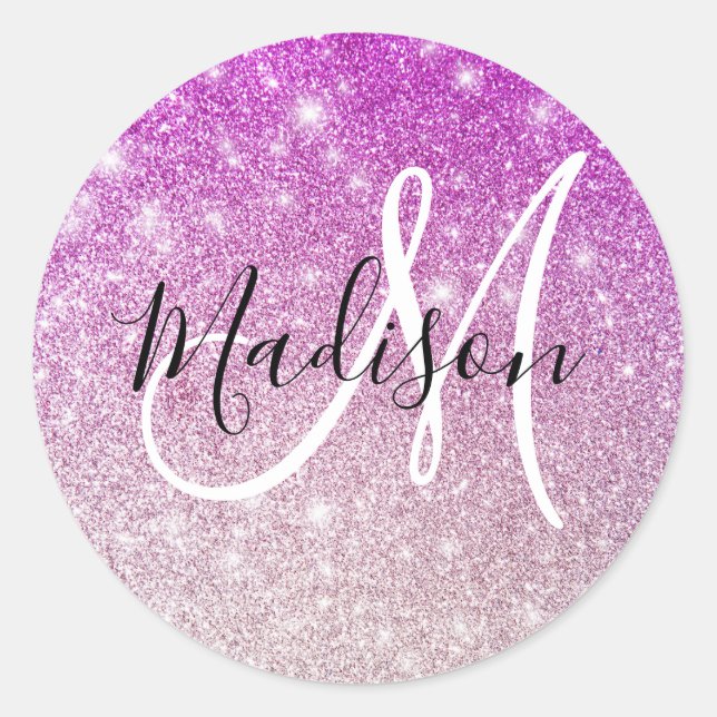 Sticker Rond Nom monogramme Paillettes Violet Girly & Glam (Devant)