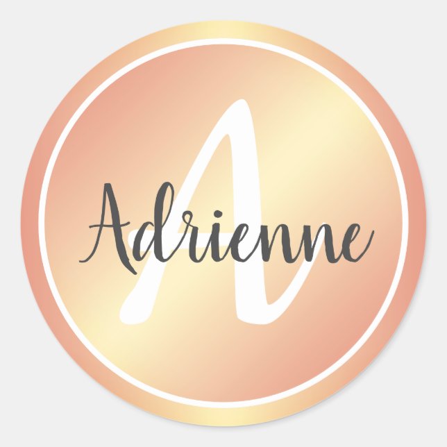 Sticker Rond Nom Monogramme Rose Gold Pastel Rose Jaune Élégant (Devant)