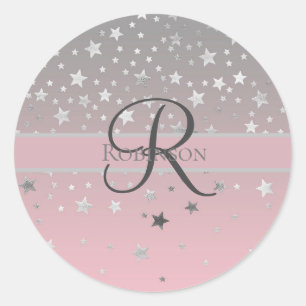 Sticker Rond Nom Monogramme Rose Gris Argent Étoiles Tendance
