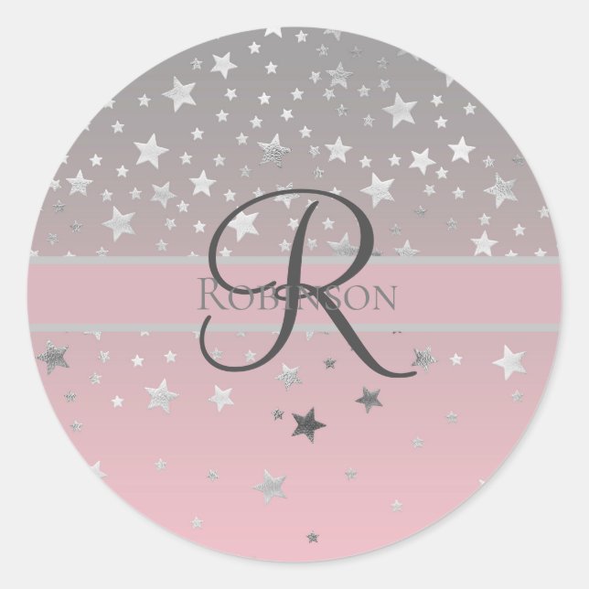 Sticker Rond Nom Monogramme Rose Gris Argent Étoiles Tendance   (Devant)