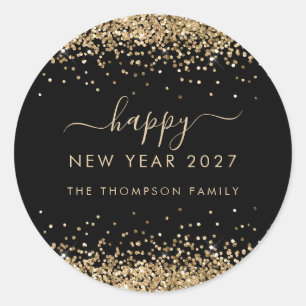 Sticker Rond Nom Paillettes Dorées Bonne Année 2026 Noir