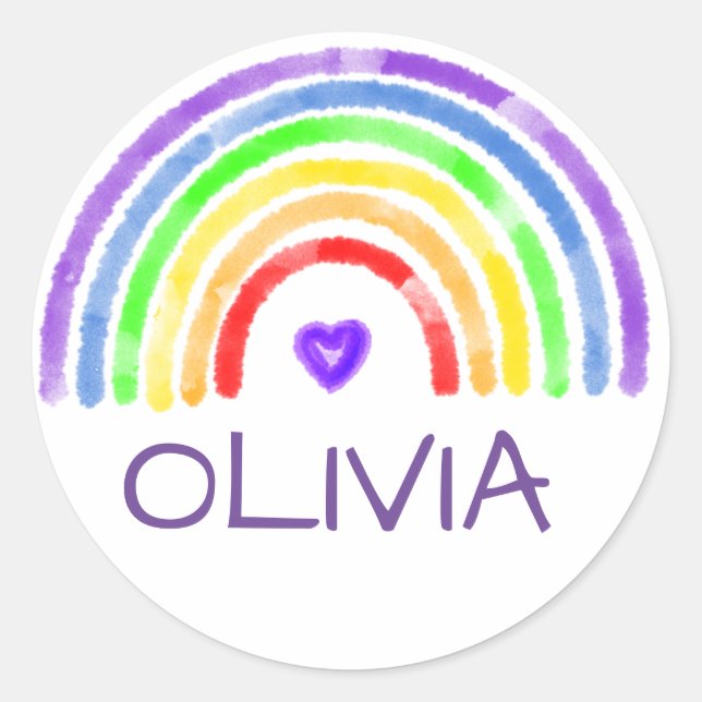 Sticker Rond Nom personnalisé Arc-en-ciel et Aquarelle du coeur (Devant)