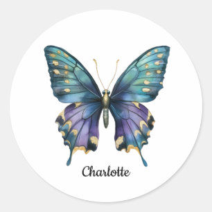 Sticker Rond Nom personnalisé avec Classique Papillon Bleu Roun