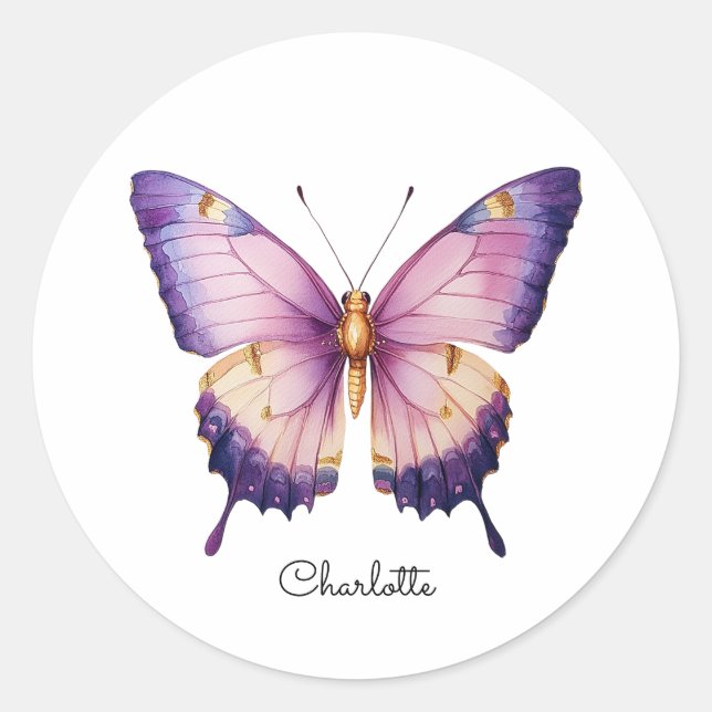 Sticker Rond Nom personnalisé avec papillon rose (Devant)