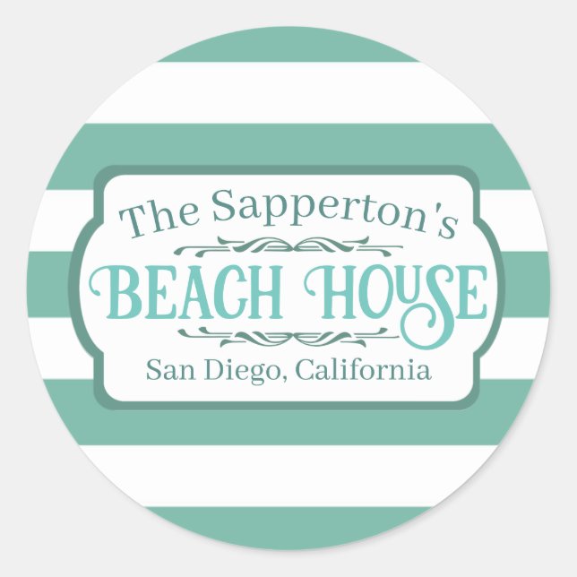 Sticker Rond Nom personnalisé Beach House Turquoises bandes (Devant)