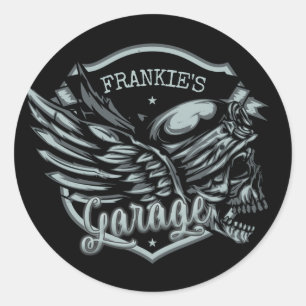 Sticker Rond Nom personnalisé Biker Skull Wings Motorcycle Gara