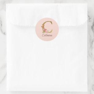 Sticker Rond Nom personnalisé Blush Rose Pink Lettre C en or