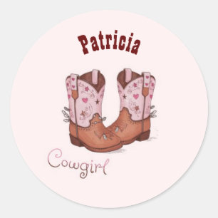 Sticker Rond Nom Personnalisé Branché Cute CowGirl Boots Rose