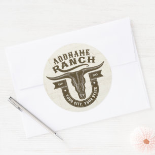 Sticker Rond NOM personnalisé Bull Steer Skull Western Ranch