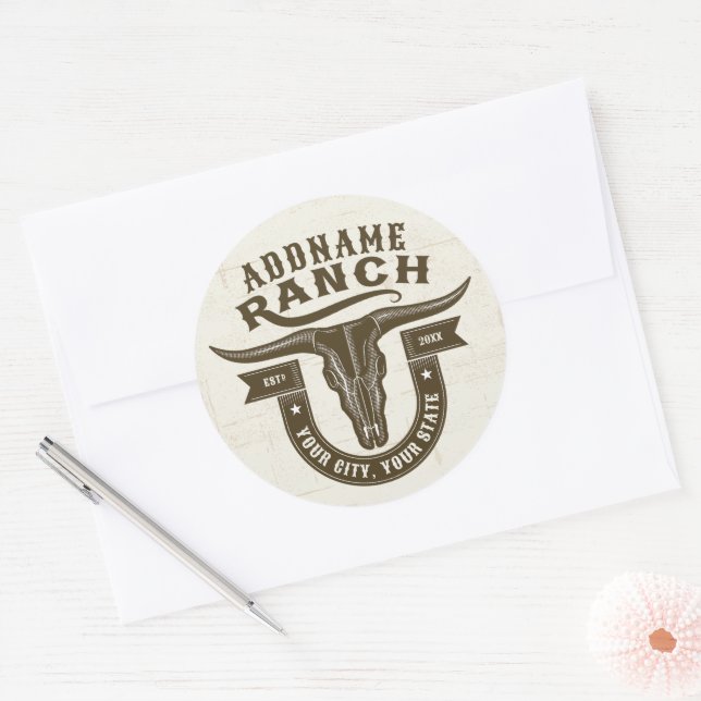 Sticker Rond NOM personnalisé Bull Steer Skull Western Ranch (Enveloppe)
