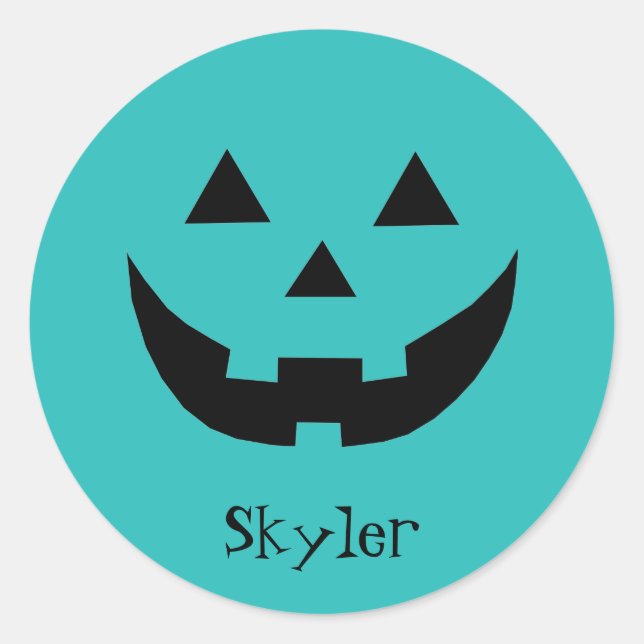 Sticker Rond Nom personnalisé Cute turquoise Jack-o'-lantern Ha (Devant)