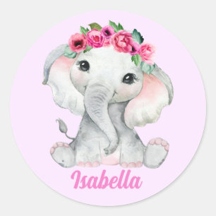Sticker Rond Nom personnalisé de l'éléphant rose floral