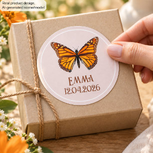 Sticker Rond Nom personnalisé de papillon monarque Date Art