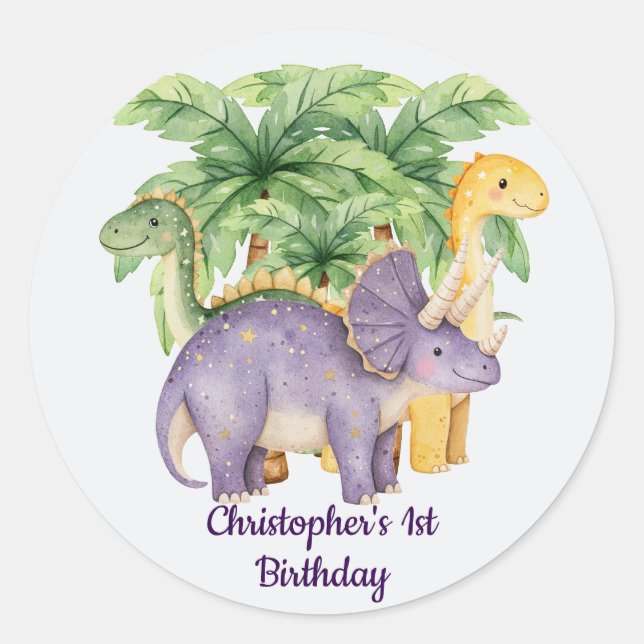 Sticker Rond Nom personnalisé Dinosaures Palmiers (Devant)