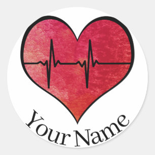 Sticker Rond Nom personnalisé EKG Red — Aquarelle Coeur