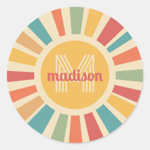 Sticker Rond Nom personnalisé et bandes rétro monogrammes
