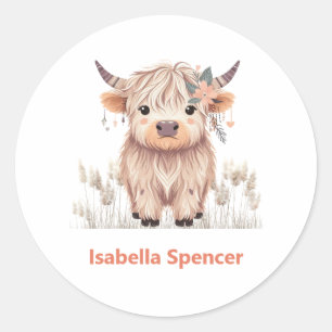 Sticker Rond Nom personnalisé Girl mignonne Modern Highland Cow