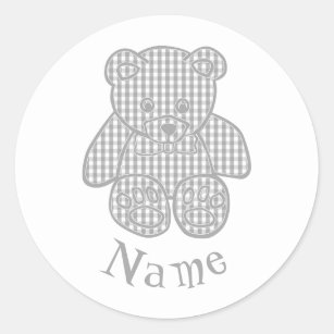 Sticker Rond Nom personnalisé Grey Pastel En vichy Teddy Bear