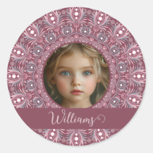Sticker Rond Nom Personnalisé Joli rose Floral Mandala Cadre ph