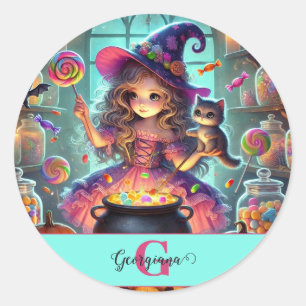 Sticker Rond Nom personnalisé Jote Whimsical Witch Halloween Tr