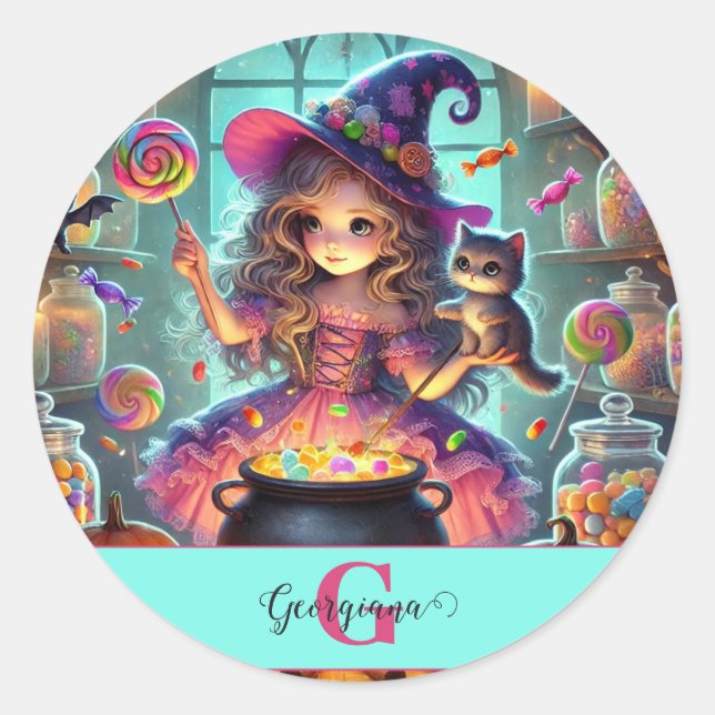 Sticker Rond Nom personnalisé Jote Whimsical Witch Halloween Tr (Devant)