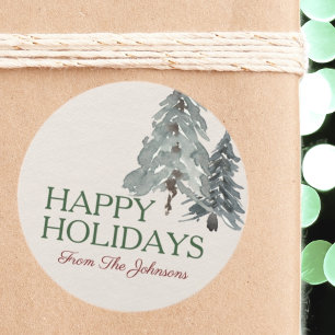 Sticker Rond Nom personnalisé Joyeux jours fériés Aquarelle Pin