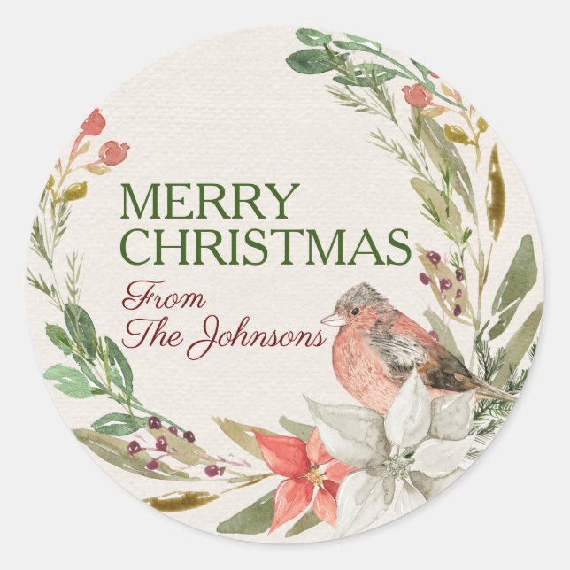 Sticker Rond Nom personnalisé Joyeux Noël Aquarelle Bird Wreath (Devant)