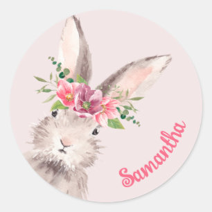Sticker Rond Nom personnalisé Lapin lapin rose manuscrit